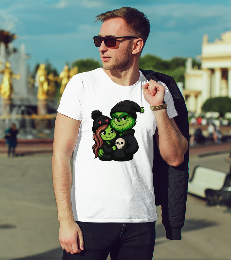 Cute Grinch And Girlfriend In Black Beanies With Skull Hoodie And Heart Details T-Shirt