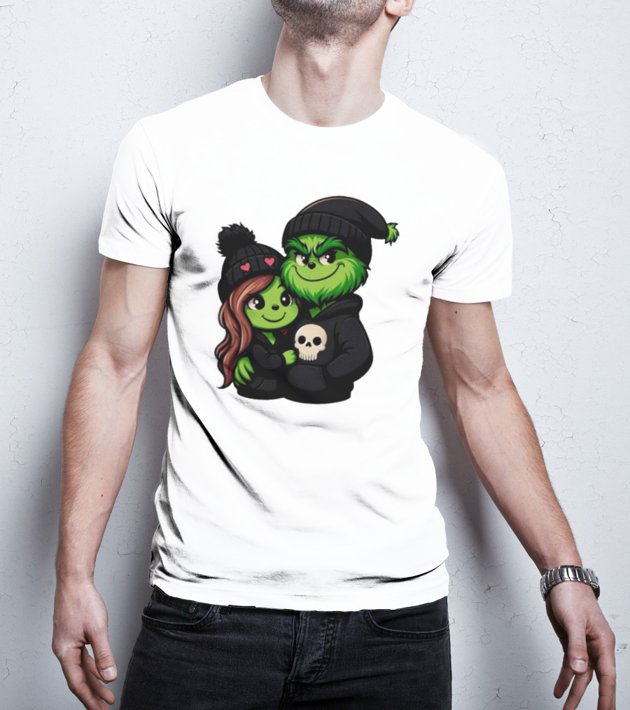 Cute Grinch And Girlfriend In Black Beanies With Skull Hoodie And Heart Details T-Shirt