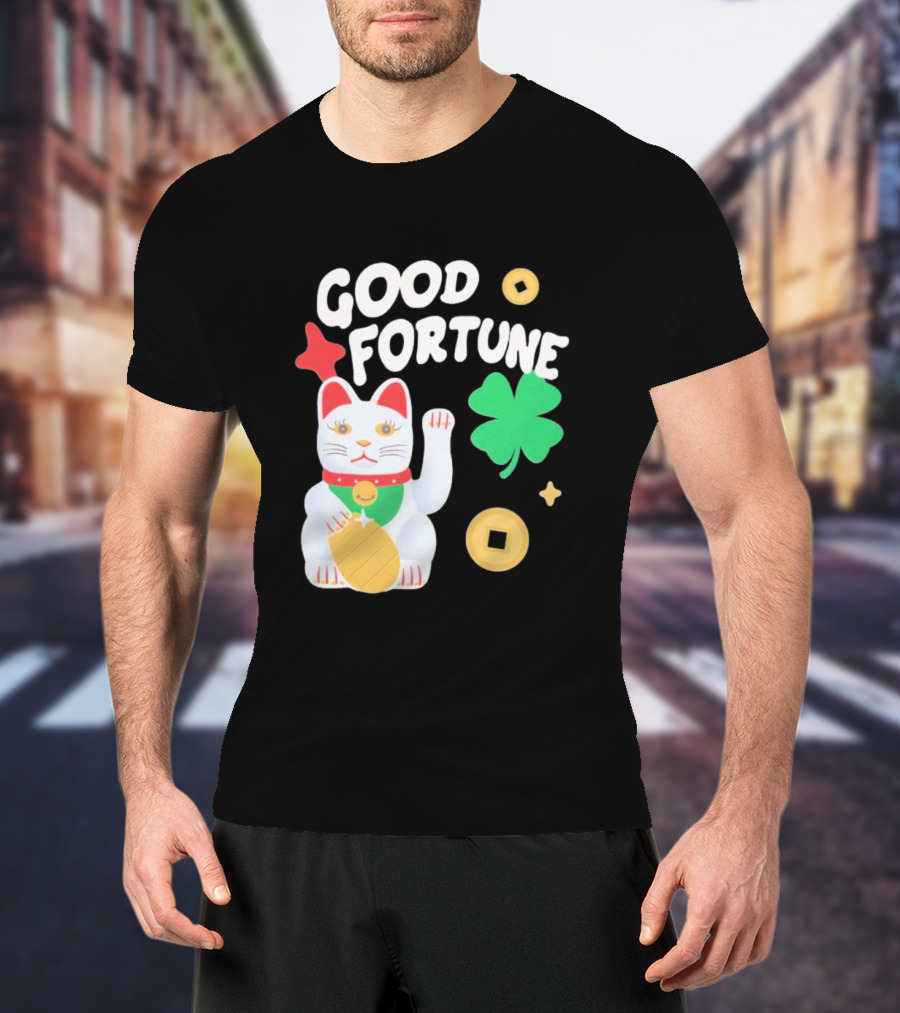 Good Fortune Cat With Clover And Coins T-Shirt