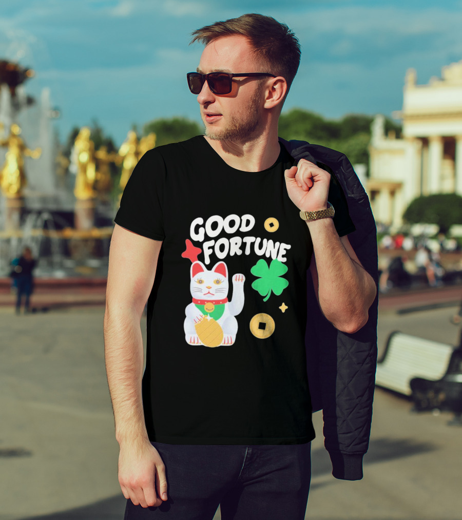 Good Fortune Cat With Clover And Coins T-Shirt