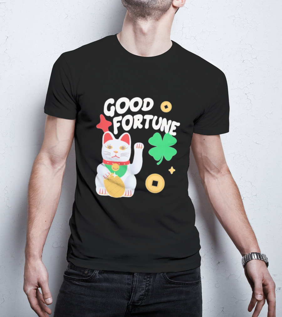 Good Fortune Cat With Clover And Coins T-Shirt