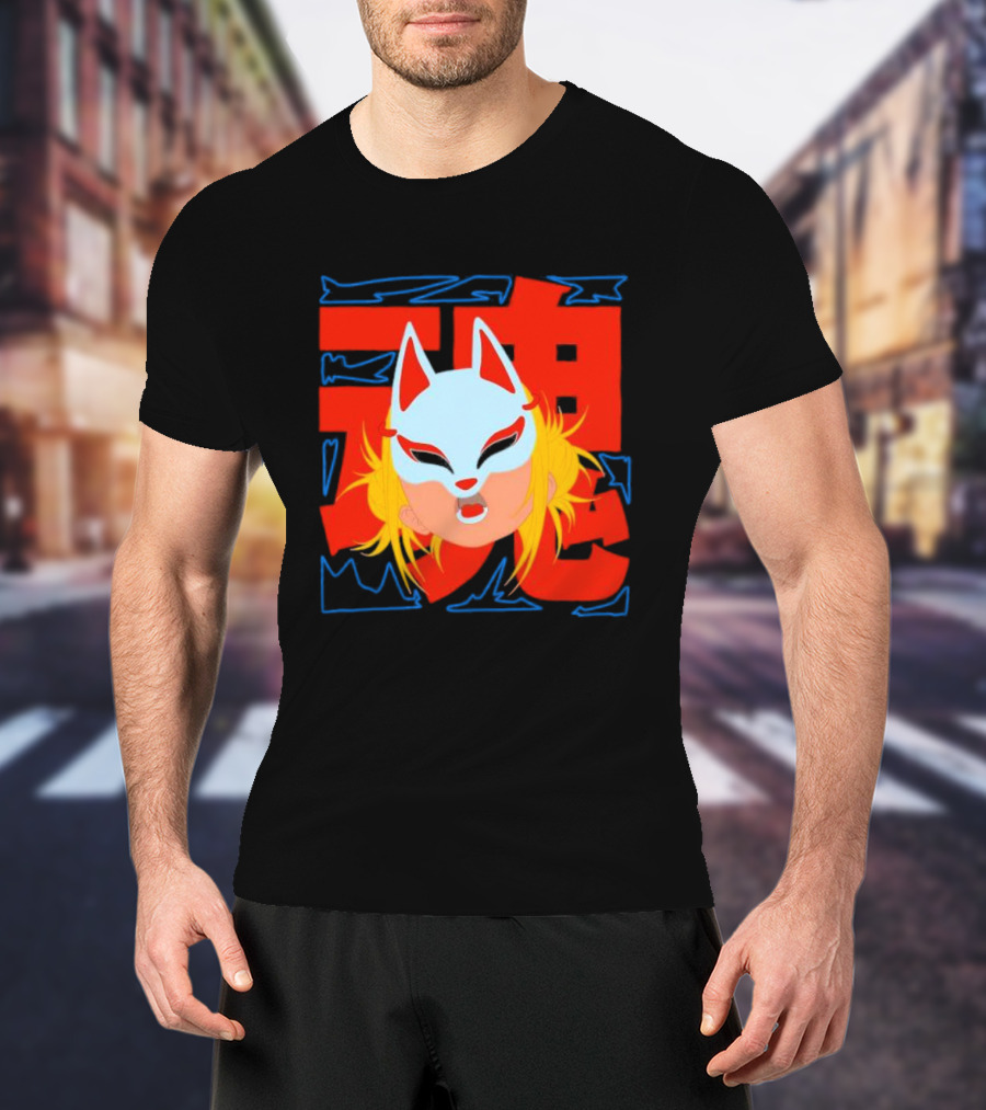 Kitsune Catori Mask With Red Kanji And Blond Hair T-Shirt
