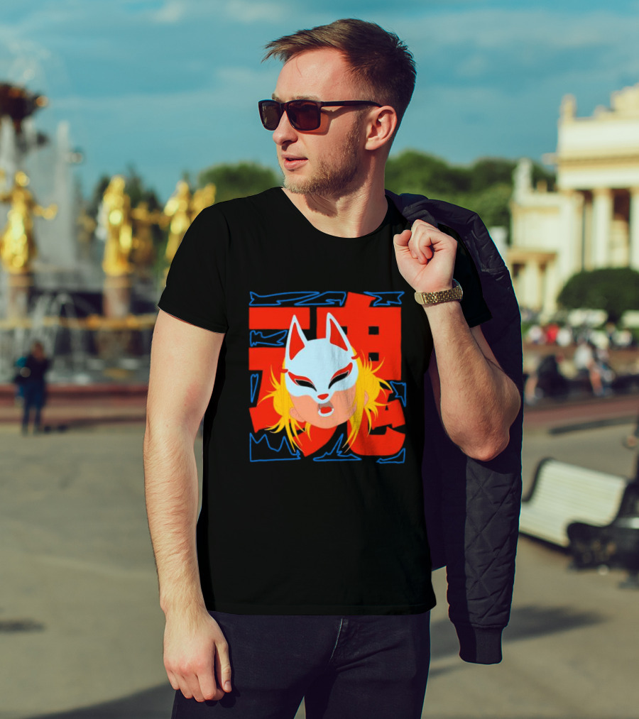 Kitsune Catori Mask With Red Kanji And Blond Hair T-Shirt