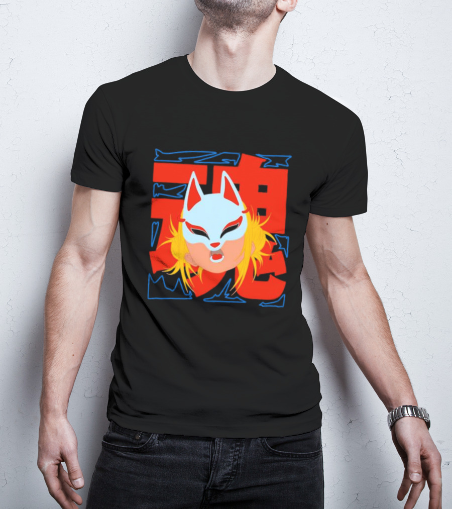 Kitsune Catori Mask With Red Kanji And Blond Hair T-Shirt