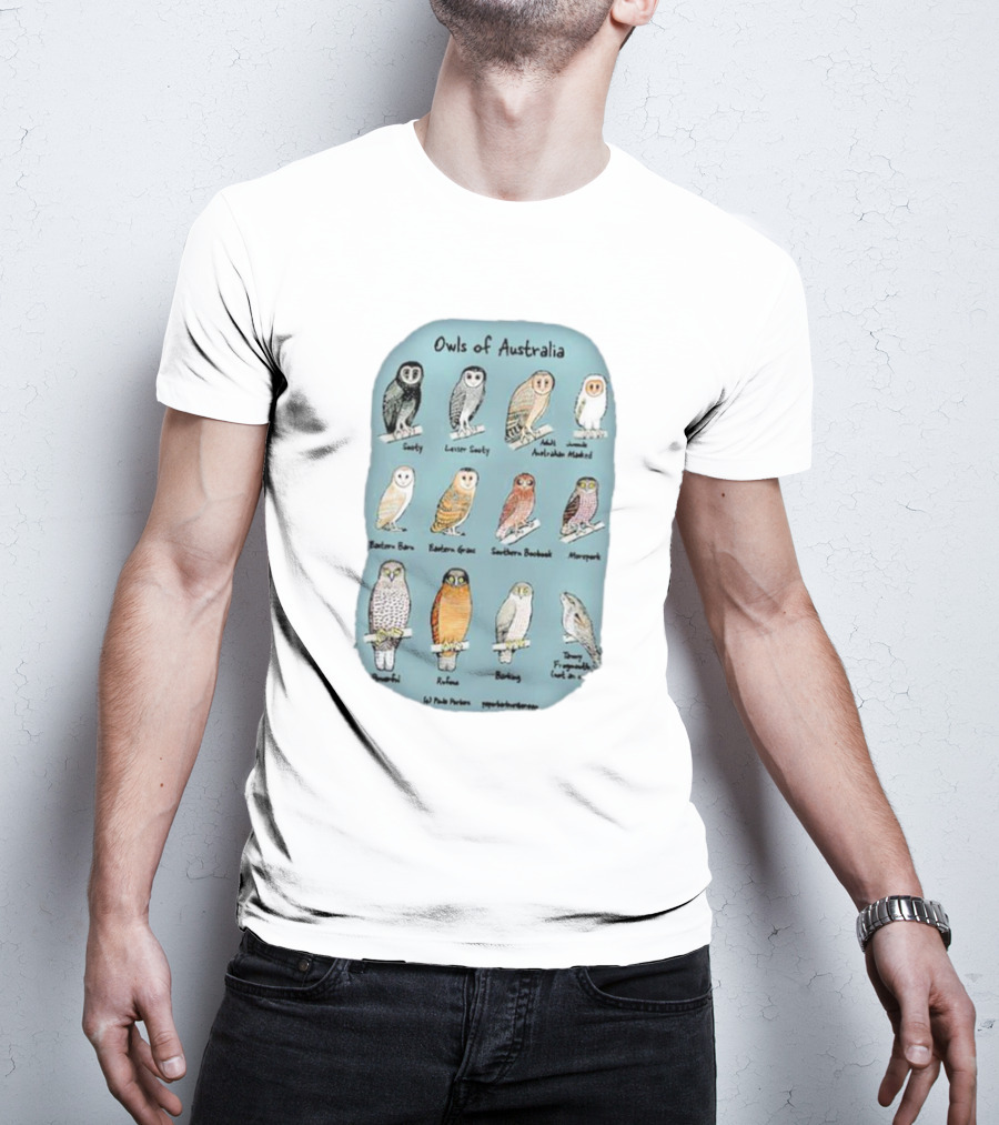 Owls Of Australia Illustrated Guide Featuring Sooty Lesser Sooty Australian Masked Eastern Barn Eastern Grass Southern Boobook Powerful Rufous Barking Barn Owl By Pete Pascoe T-Shirt
