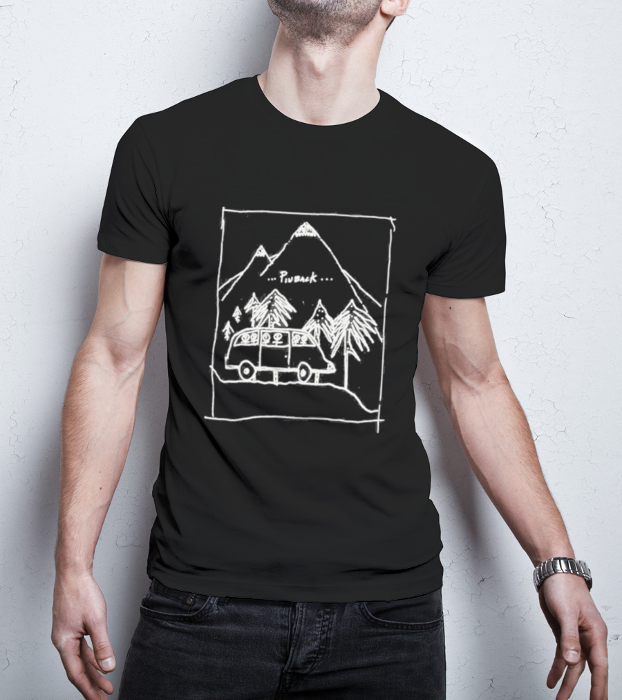 Camping Pinback Adventure With Mountain And Van In Nature Scene T-Shirt