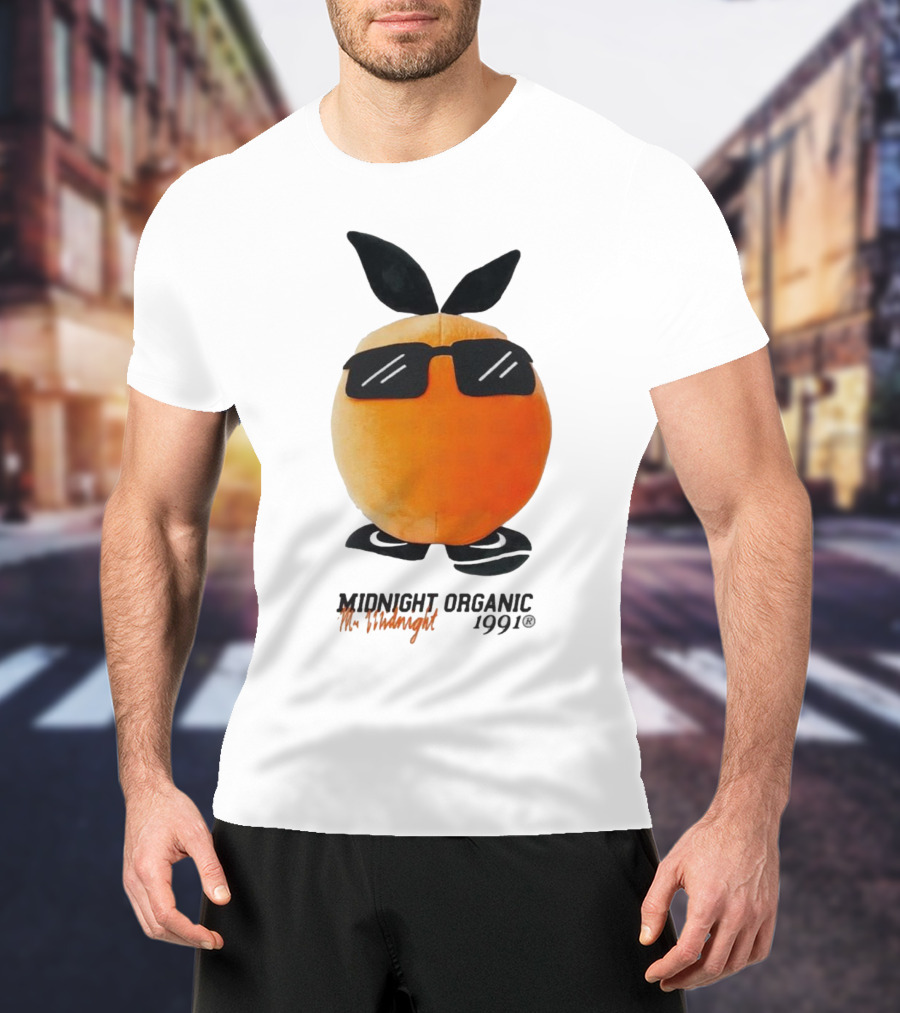 Midnight Organic Mr. Midnight 1991 Orange Character With Sunglasses T-Shirt