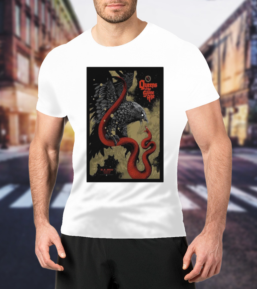 Queens Of The Stone Age R Mederos Art With Red Snake And Black Bird December 9 T-Shirt