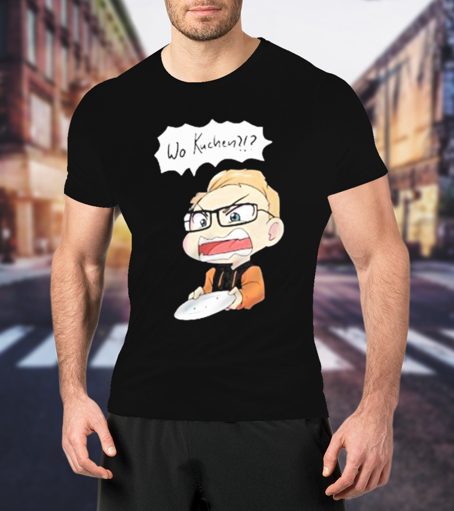 Wo Kuchen?? Cartoon Character With Glasses And Empty Plate T-Shirt