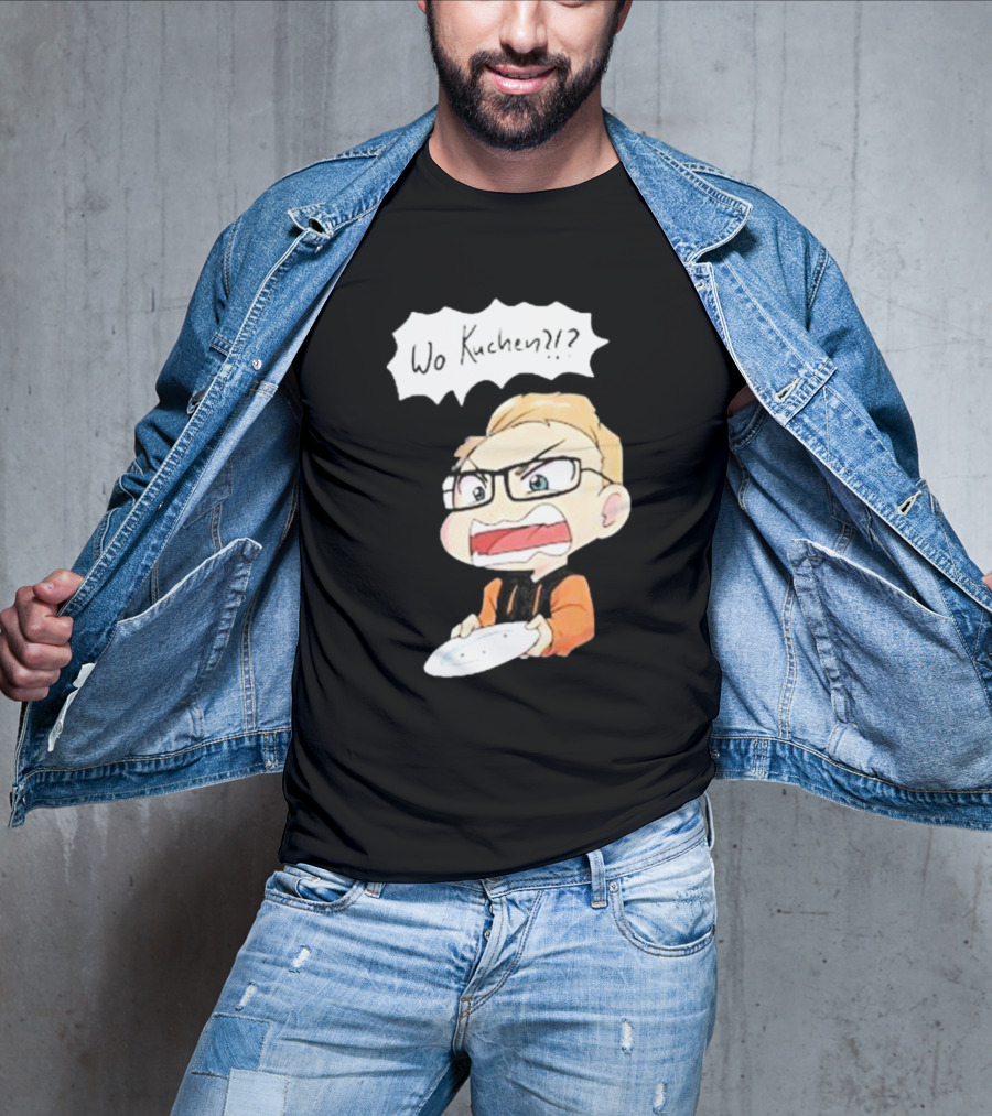 Wo Kuchen?? Cartoon Character With Glasses And Empty Plate T-Shirt