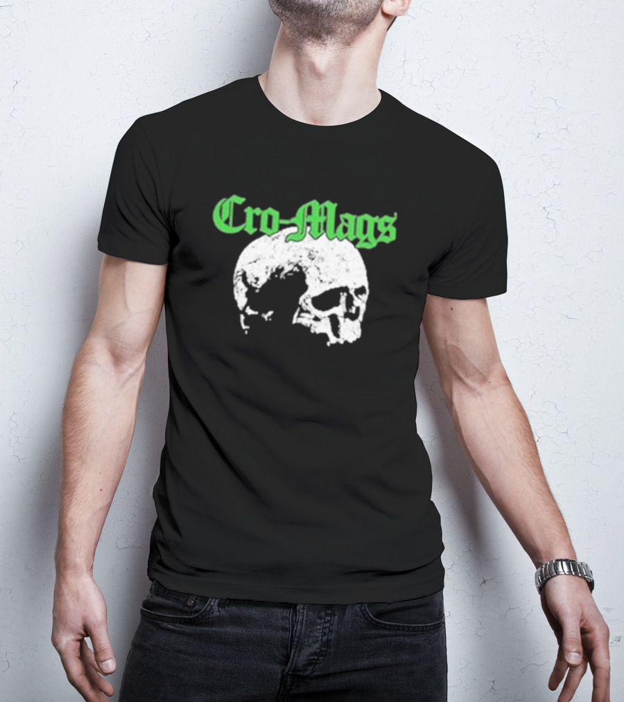 Cro Mags Green Text White Skull T-Shirt