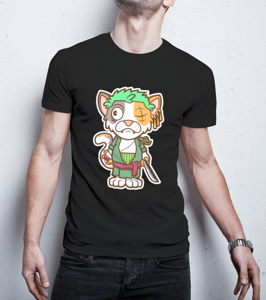 Roronoa Lingling Cat Pirate Anime Character Sword Green Hair Eye Patch T-Shirt