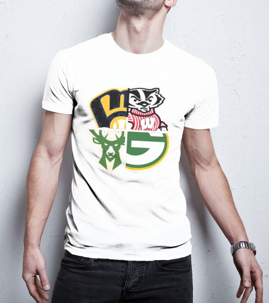 Milwaukee Brewers Packers Badgers Bucks Wisconsin Sports Quad T-Shirt
