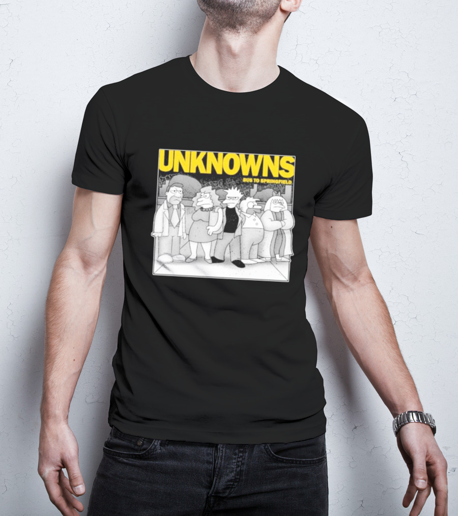 Unknowns Bus To Springfield Cartoon Characters In Black And White Scene T-Shirt