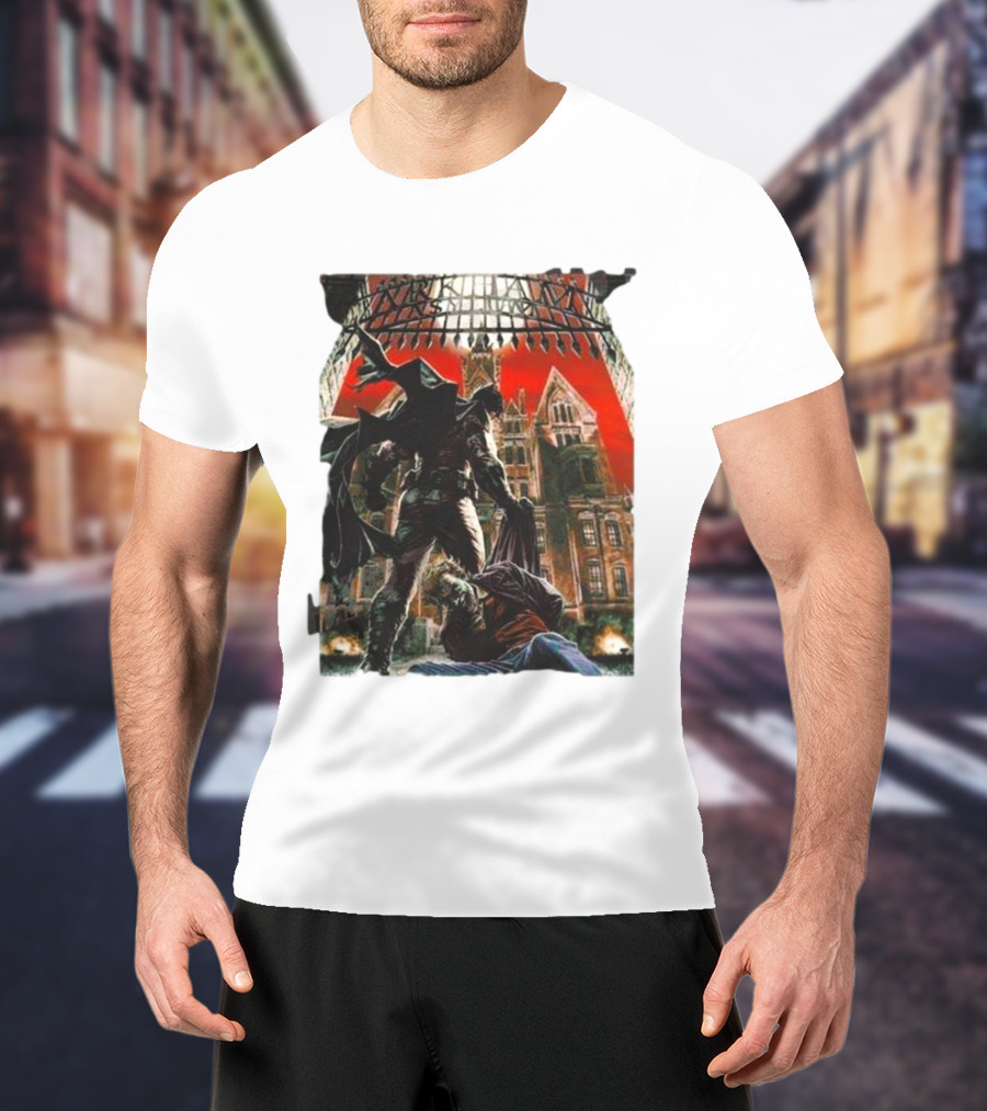 Batman Arkham Asylum Gothic Gate Dynamic Red Background Scene T-Shirt