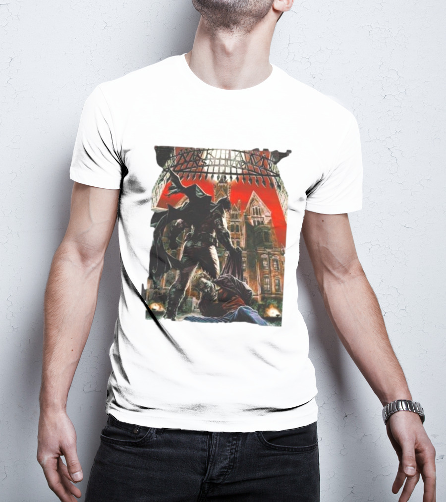 Batman Arkham Asylum Gothic Gate Dynamic Red Background Scene T-Shirt