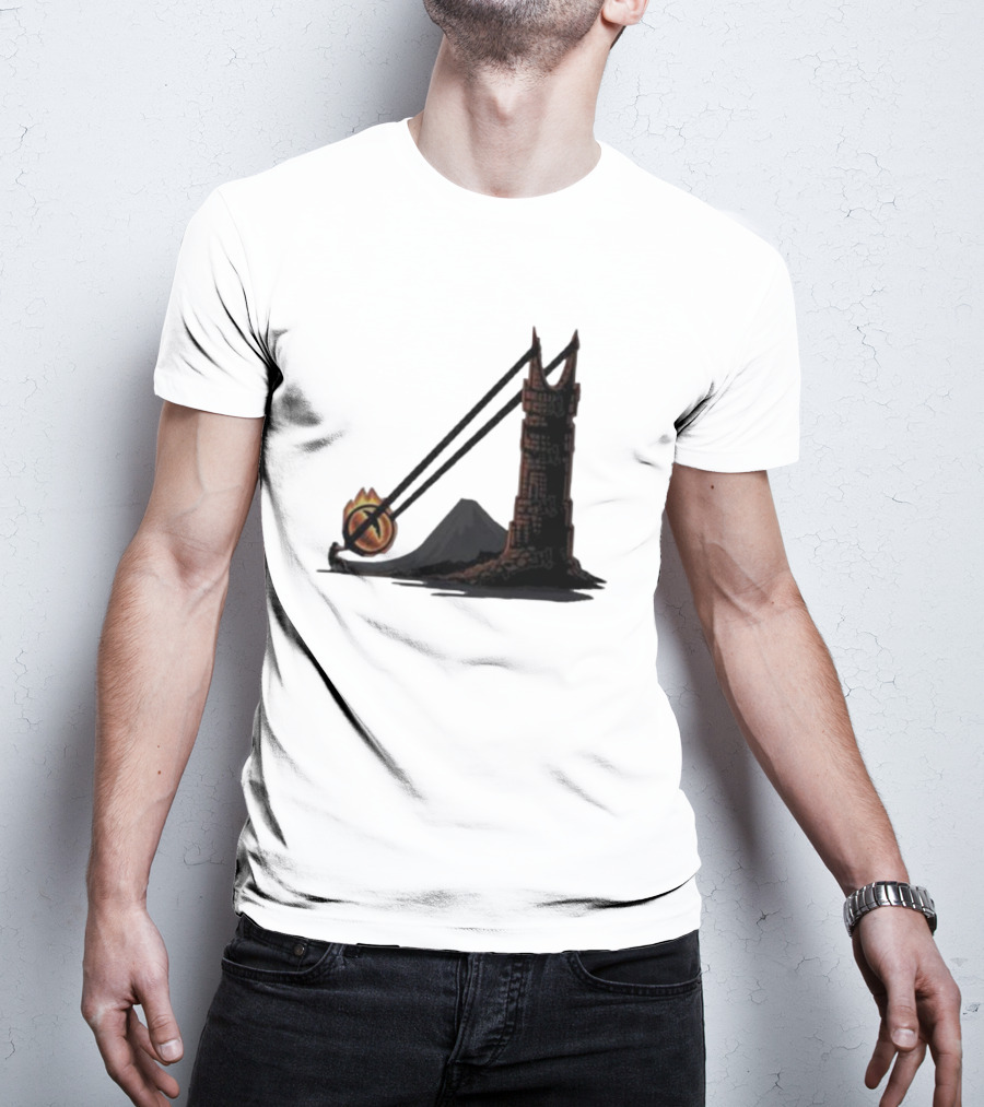Dark Slingshot Eye Tower With Mountain In Background T-Shirt