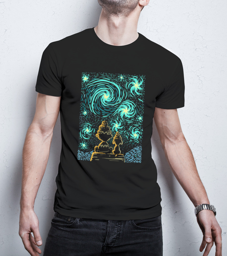Peanuts Snoopy And Charlie Brown Starry Winter Night Scene T-Shirt