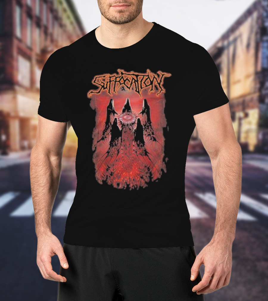 Suffocation Blood Oath Album Art Fiery Red Mountains And Eye T-Shirt