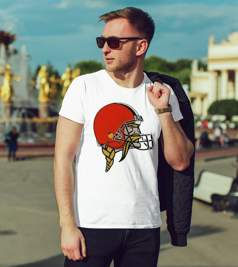 Quality Jay Cuda Browns Vikings Dual Logo Helmet T-Shirt