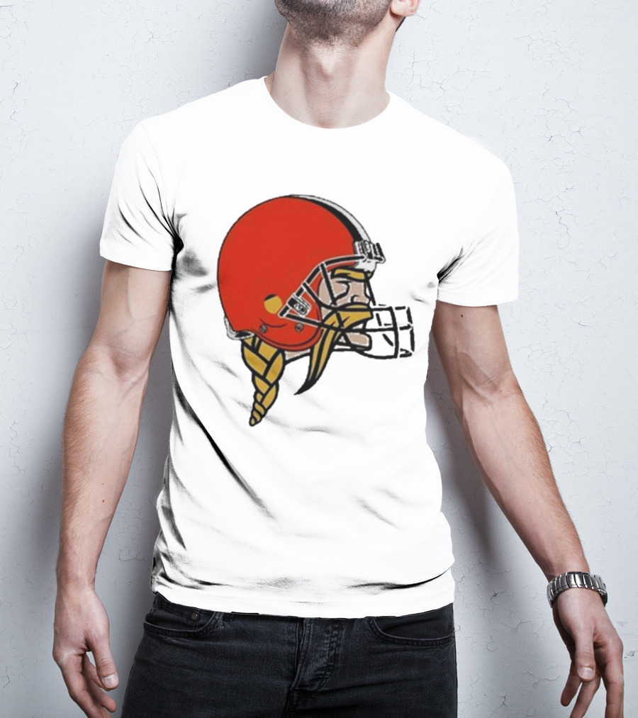 Quality Jay Cuda Browns Vikings Dual Logo Helmet T-Shirt