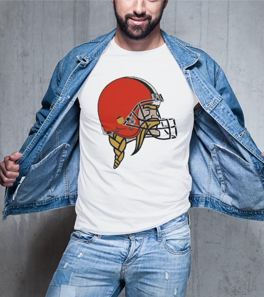 Quality Jay Cuda Browns Vikings Dual Logo Helmet T-Shirt