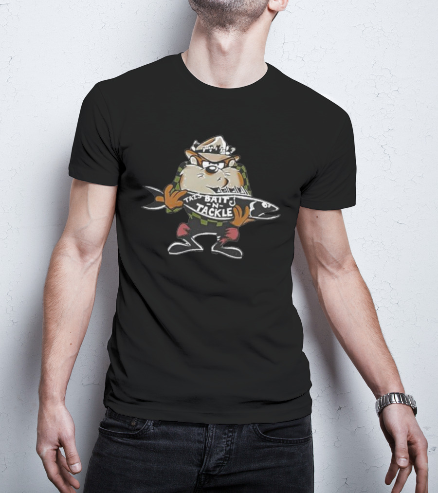 Taz Bait N Tackle Vintage 90s Cartoon Character Holding Fish T-Shirt
