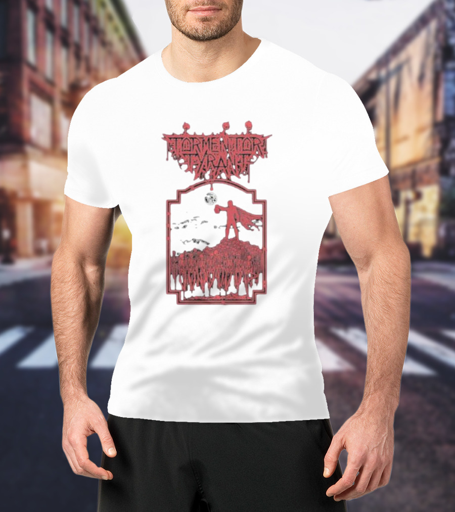 Tormentor Tyrant Red Figure Standing Amidst Crowd Under Moon T-Shirt