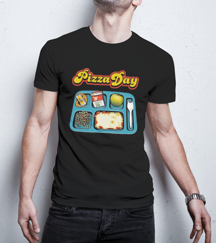S7s Pizza Day Cafeteria Lunch Tray With Pizza, Milk, Apple, Cookies, Fork, And Vegetables T-Shirt