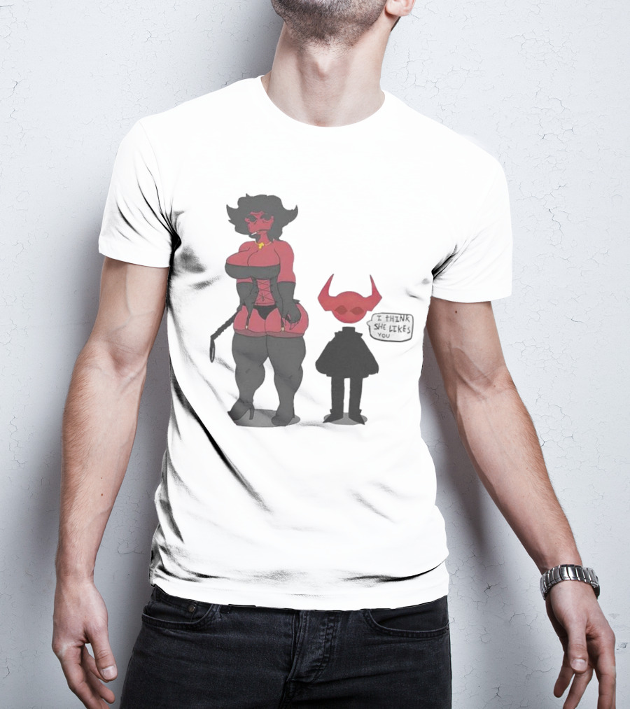 Thewboy I Think She Likes You Dark Humorous Cartoon Characters T-Shirt
