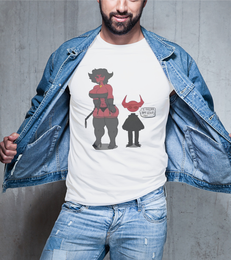 Thewboy I Think She Likes You Dark Humorous Cartoon Characters T-Shirt