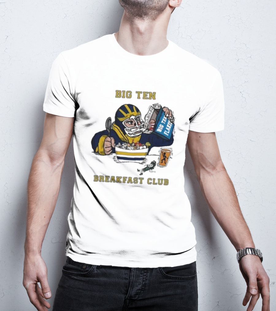 Big Ten Breakfast Club Michigan Wolverines Player Eating Cereal With Blue Box And Orange Cup T-Shirt