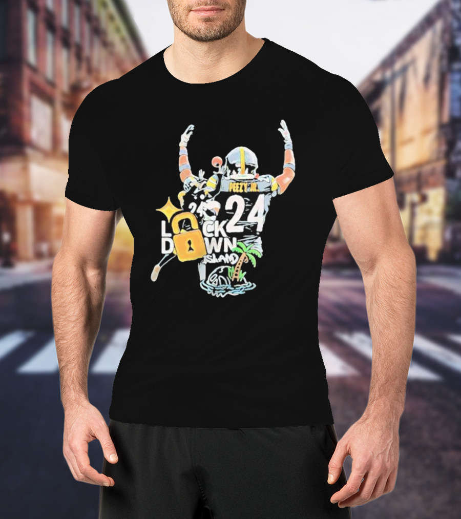 Peezy Jr 24 Lock Down Island Football Celebration With Palm Tree And Lock T-Shirt