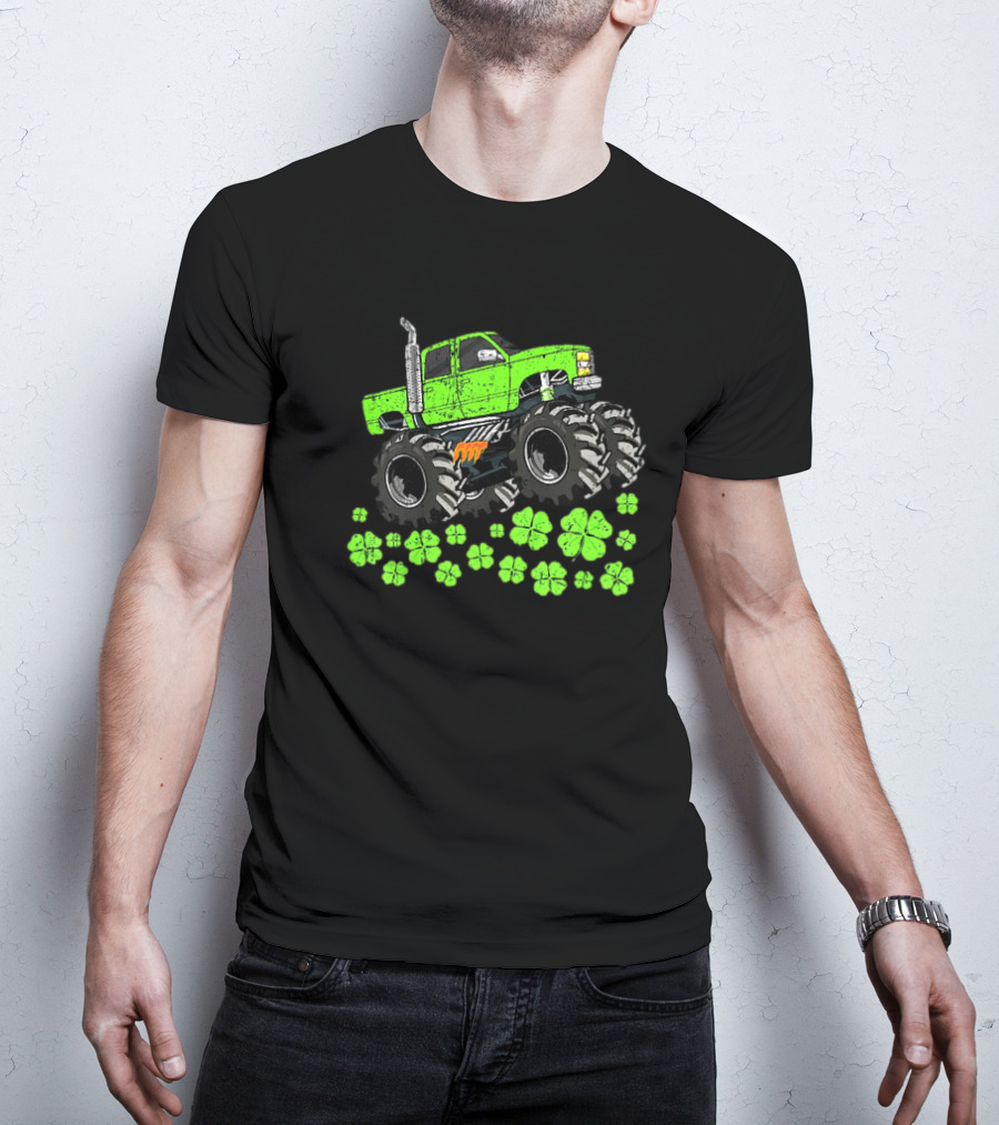 Kids Boys St Patricks Day Toddler Lucky Green Monster Truck With Shamrocks T-Shirt