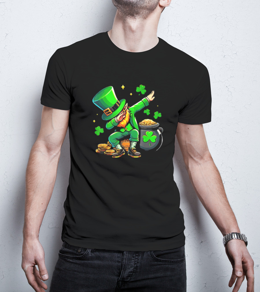 St Patricks Day Dabbing Leprechaun With Pot Of Gold And Shamrocks T-Shirt