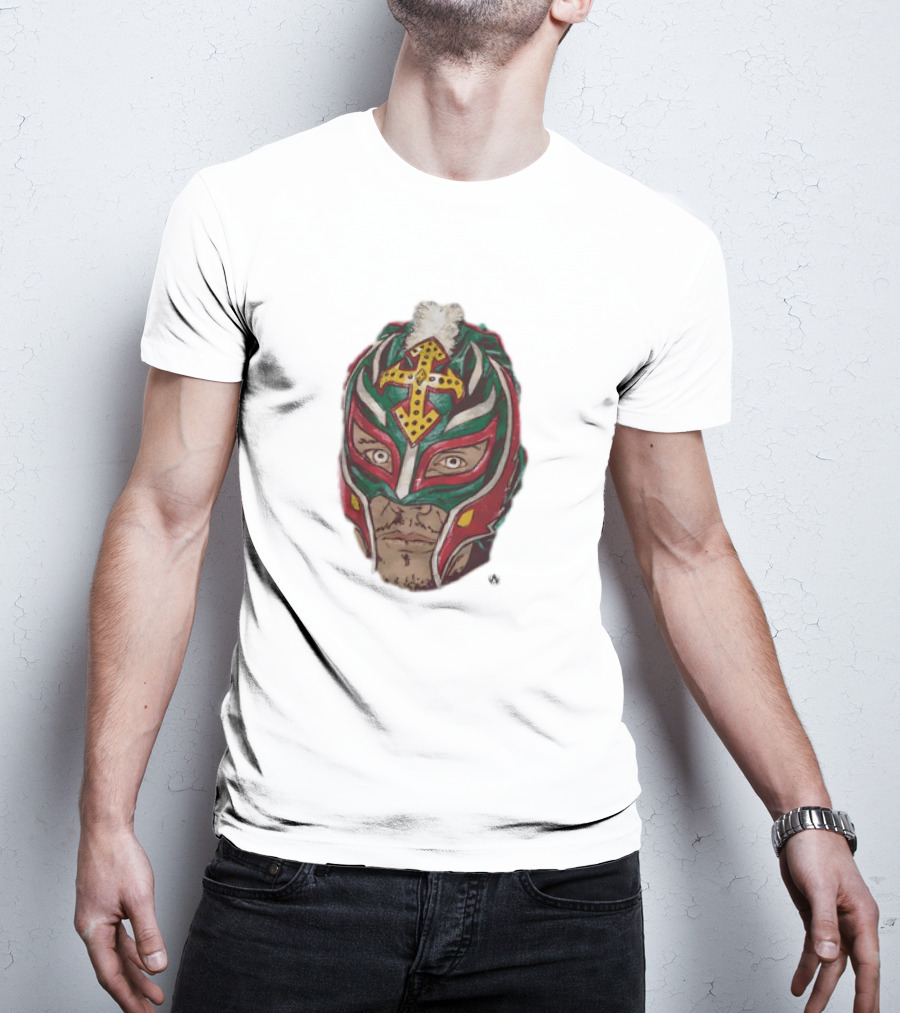 Men's Black Rey Mysterio Mask Face With Colorful Wrestling Headdress And Cross T-Shirt
