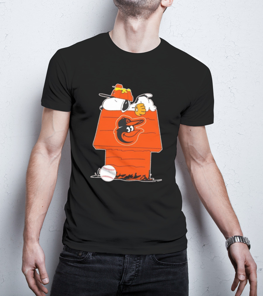 Snoopy And Woodstock Sleeping On Baltimore Orioles Themed Doghouse With Baseball T-Shirt