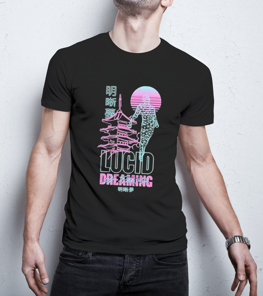 Lucid Dreaming Tokyo Japan Neon Pagoda And Wireframe Figure T-Shirt