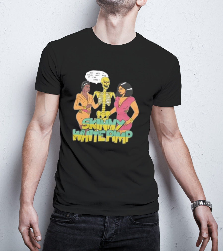 Team SESH Skinny White Pimp Cartoon Skeleton With Women T-Shirt