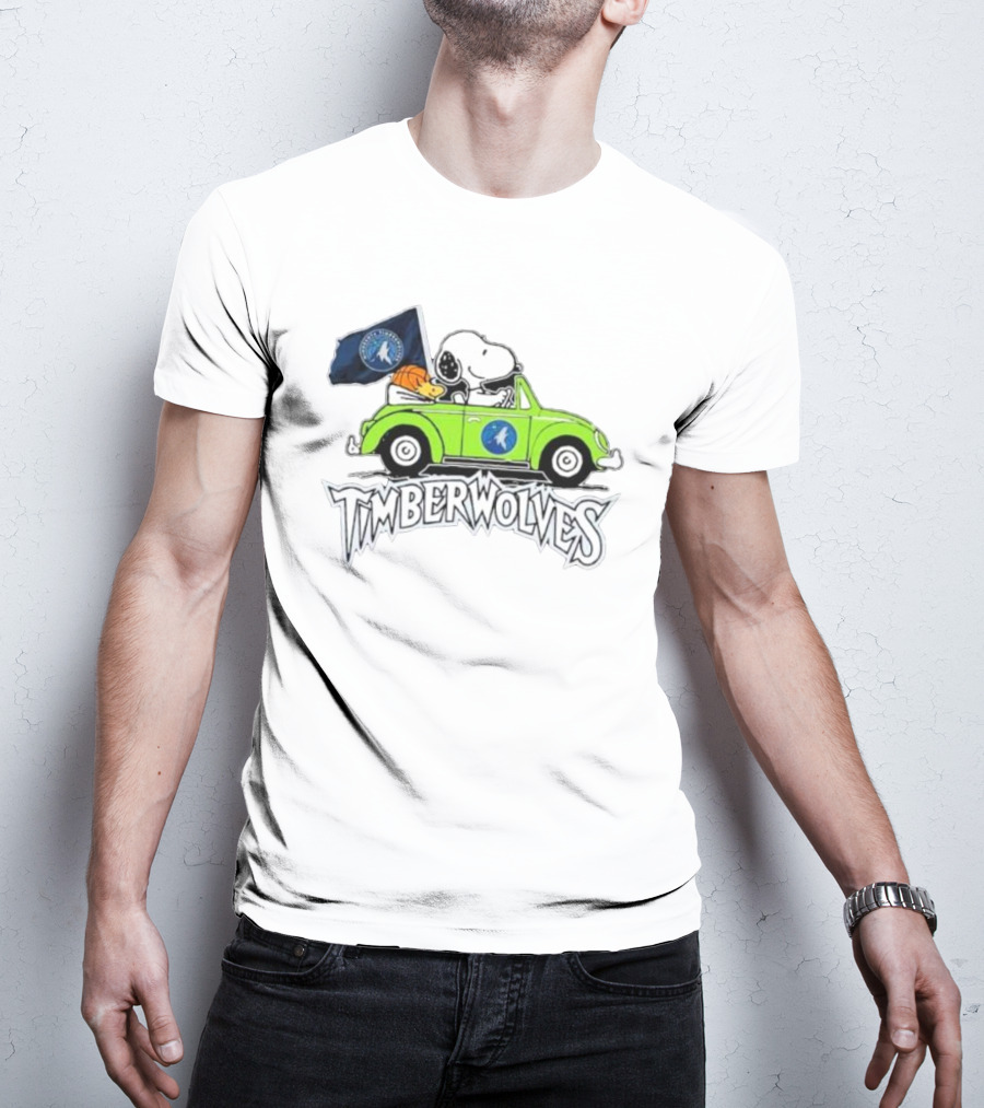 Minnesota Timberwolves Snoopy Forever Fan Driving Car With Timberwolves Flag T-Shirt