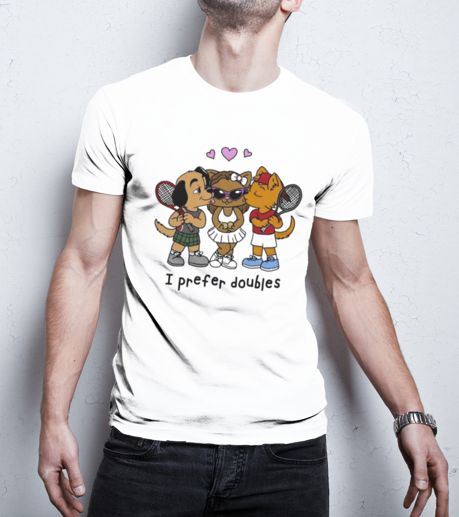 I Prefer Doubles Cute Animals With Tennis Rackets And Hearts T-Shirt