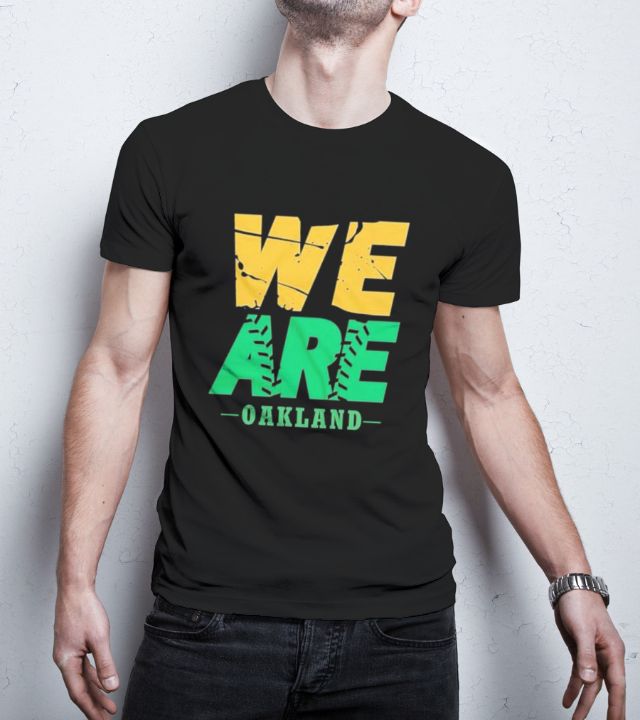 WE ARE OAKLAND Yellow Green Text Baseball Seam T-Shirt