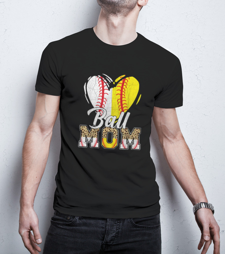 Ball Mom Heart Leopard Baseball Softball Vintage Women T-Shirt