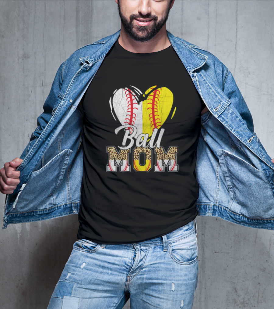 Ball Mom Heart Leopard Baseball Softball Vintage Women T-Shirt