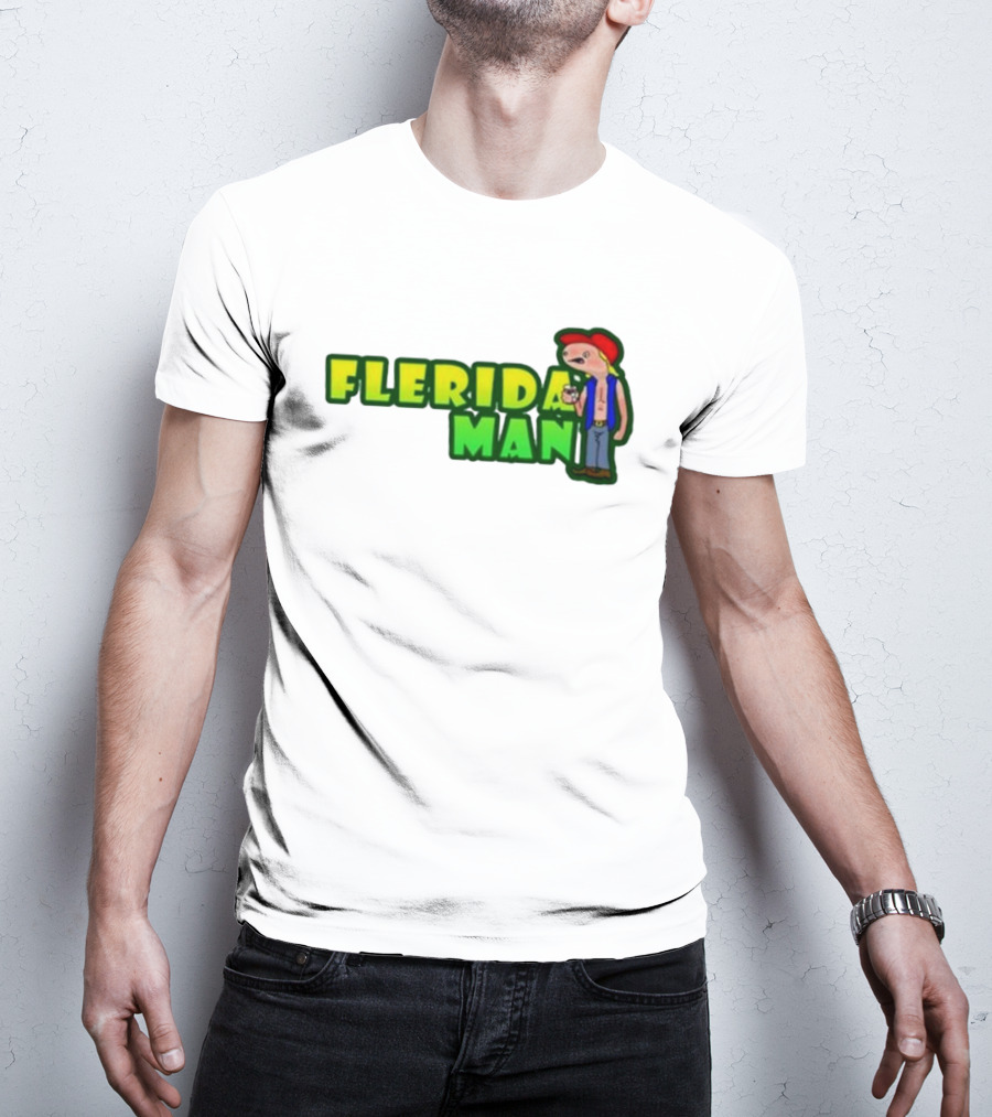 Flerida Man Beer Drinking Cartoon Character With Red Cap And Green Letters T-Shirt