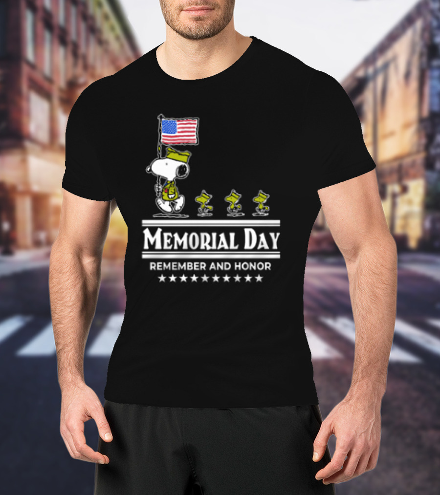 Memorial Day Snoopy And Woodstock Remember And Honor With American Flag T-Shirt