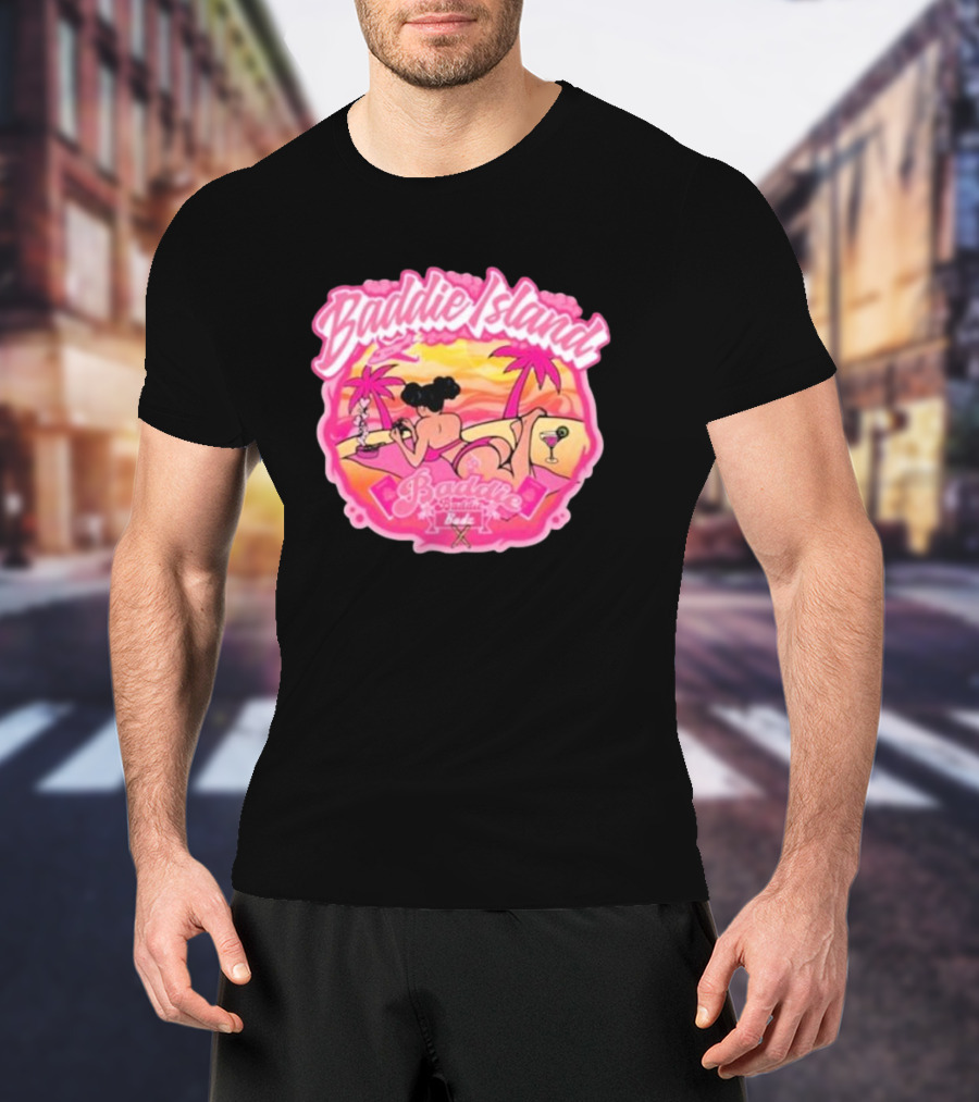 Baddie Island Summer Scene With Palm Trees And Cocktail Imagery - Baddie Budz Vibe T-Shirt
