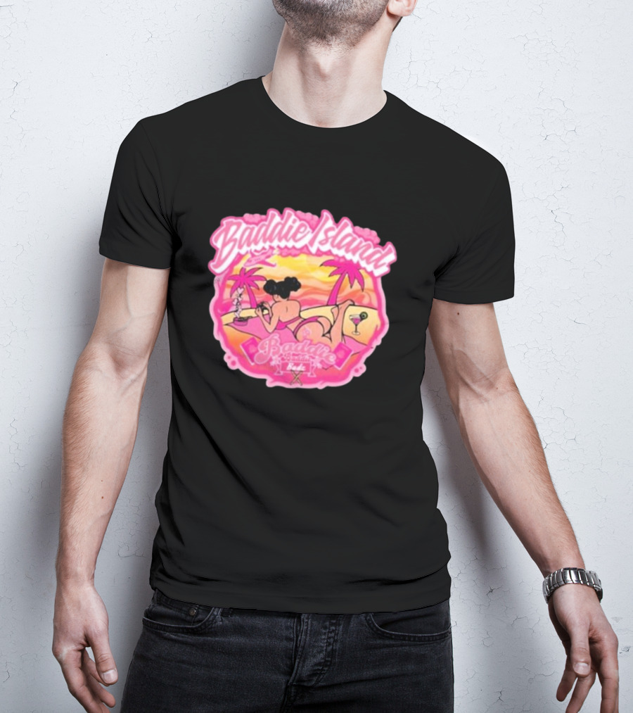 Baddie Island Summer Scene With Palm Trees And Cocktail Imagery - Baddie Budz Vibe T-Shirt