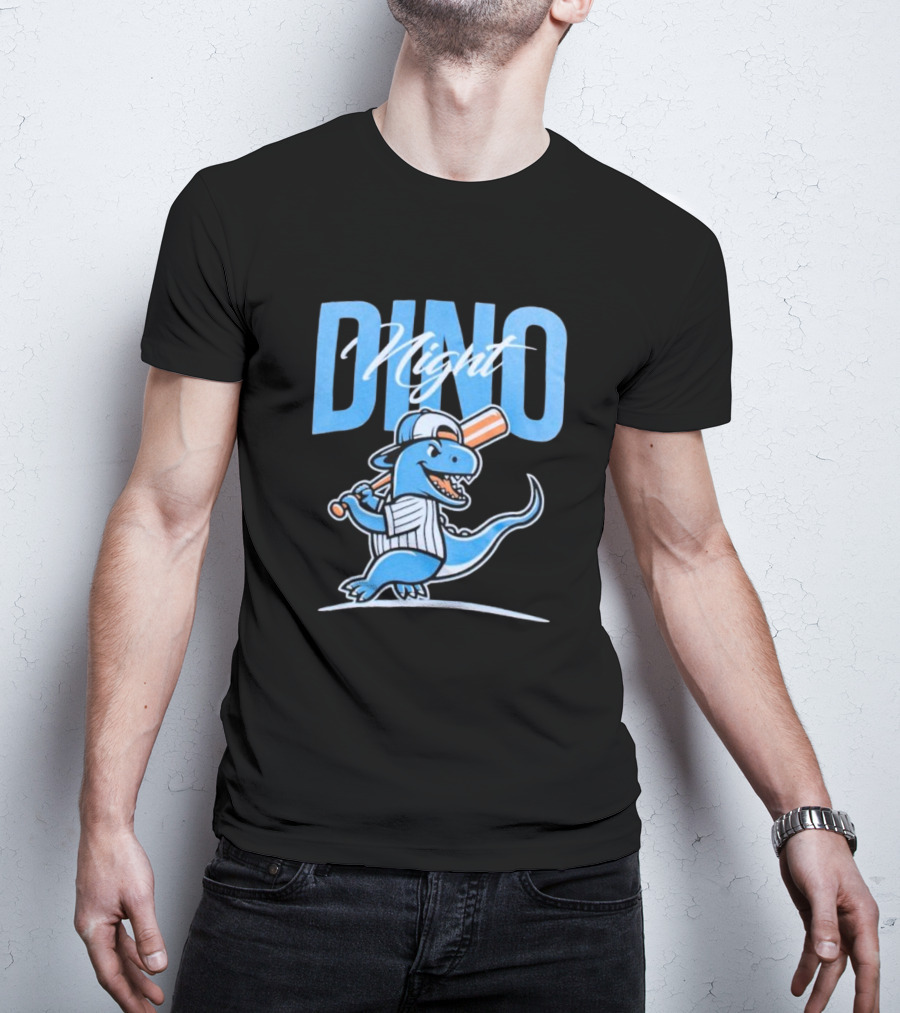 Dino Night Baseball Player Dinosaur In Cap With Bat T-Shirt