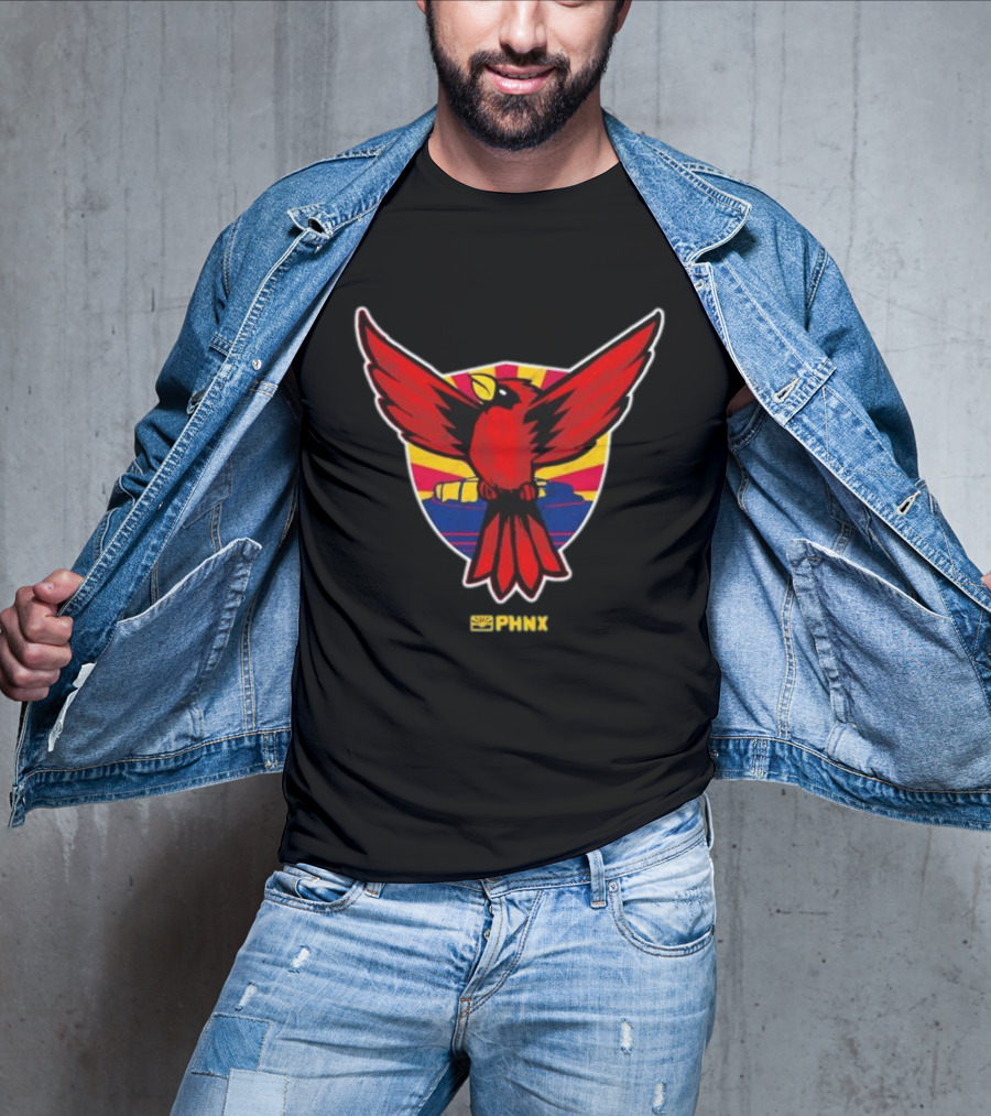 PHNX Cardinals Red Bird Emblem With Arizona Flag Shield T-Shirt
